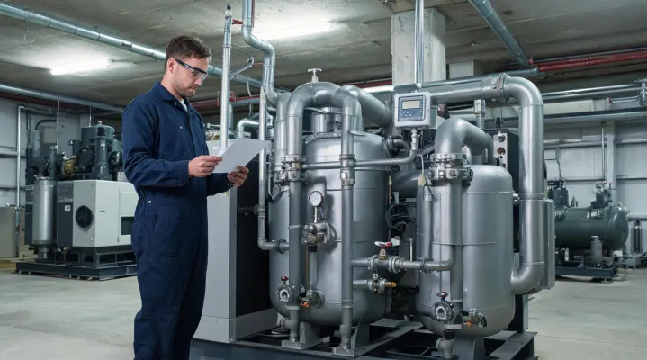 Commissioning checklist beside a dryer skid with dew-point instrument tap
