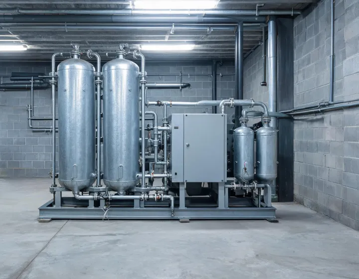 Twin-tower desiccant dryer skid beside a refrigerated dryer in a compressor room